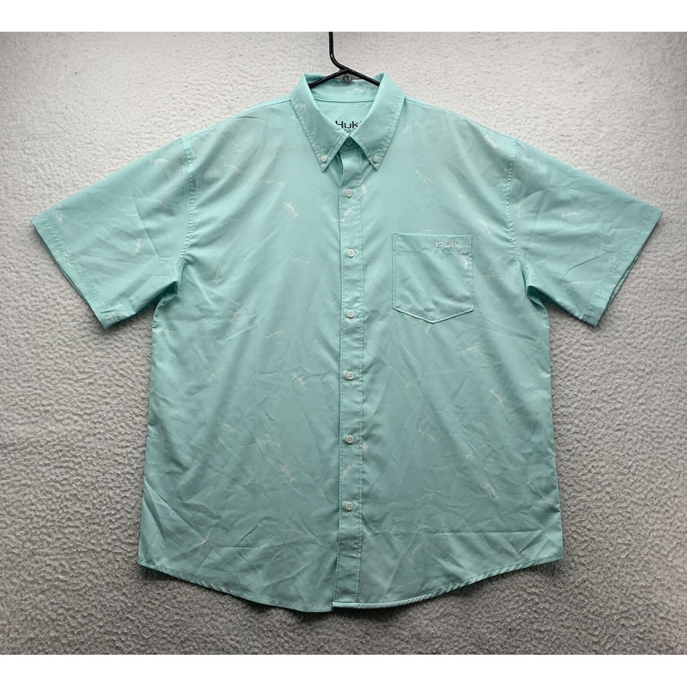 Huk Marsh Teaser Button Up Shirt Mens Large L Aqua Green All Over Fish Print Dad